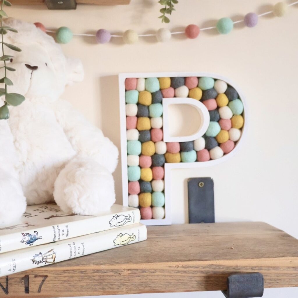 Pompom letter, freestanding wooden initial filled with colourful pompoms