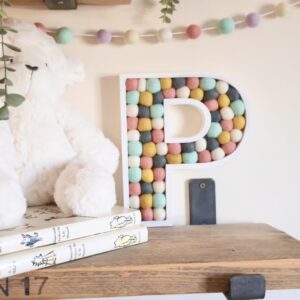 Pompom letter, freestanding wooden initial filled with colourful pompoms