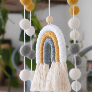 Neutral Macramé Rainbow and Pompoms Mobile (Small)